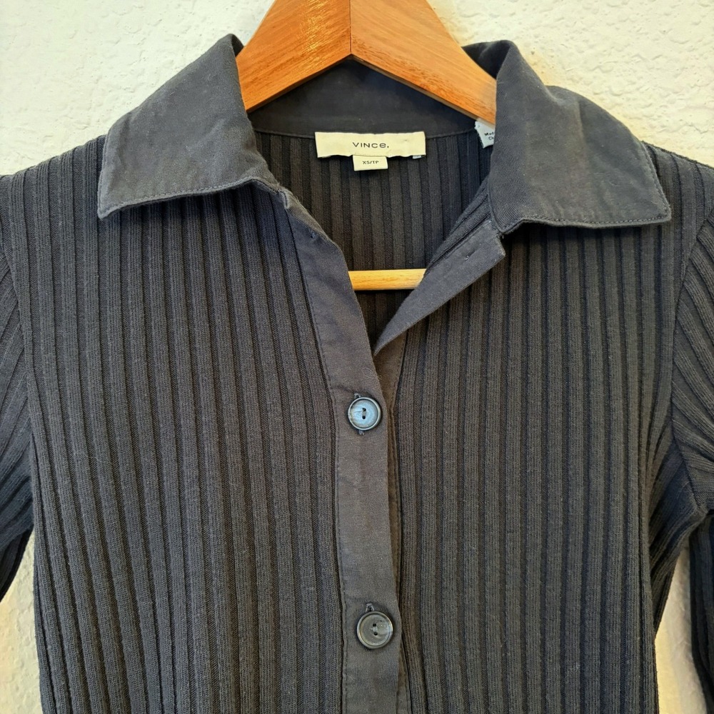 Vince Ribbed Knit Polo Cardigan Womens XS Minimalist Capsule Fitted Button Gray - Picture 8 of 10